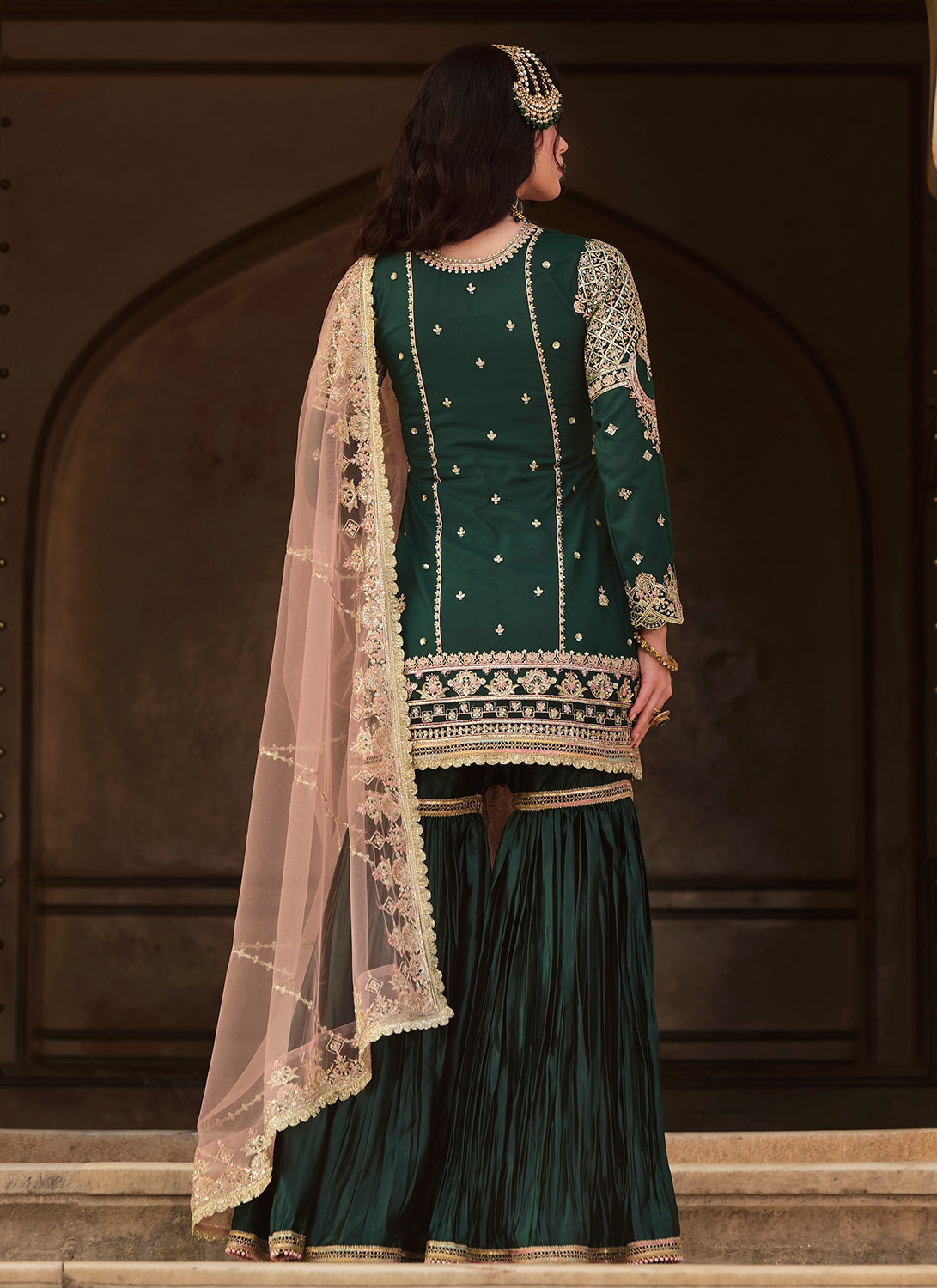 Bottle Green Embroidered Gharara Suit