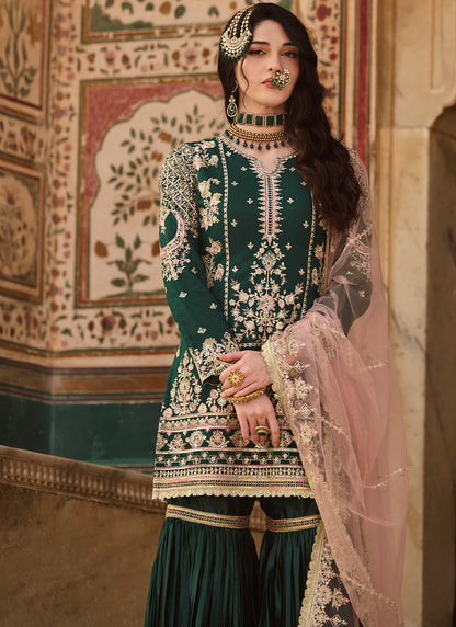 Bottle Green Embroidered Gharara Suit