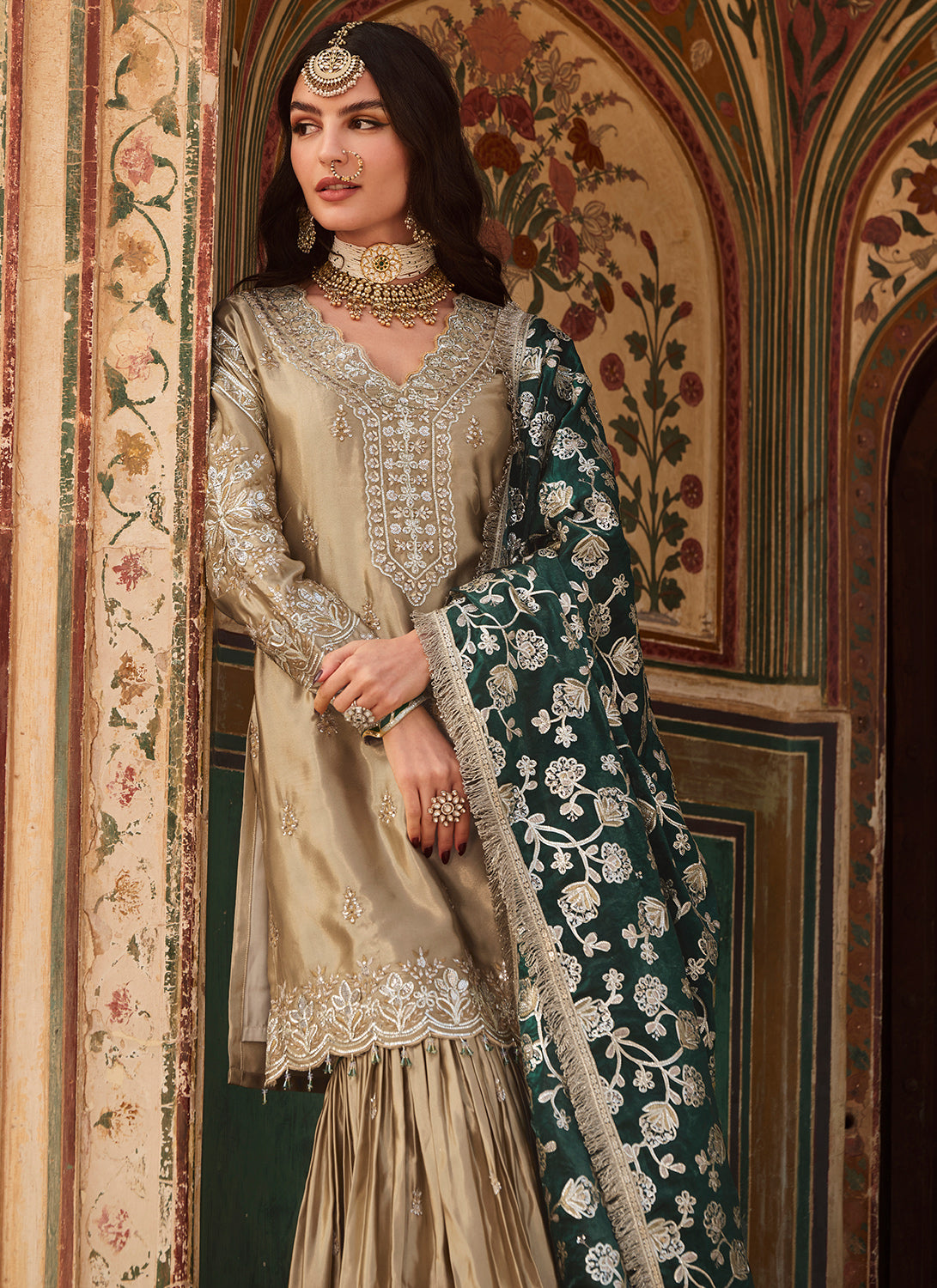 Gold and Green Embroidered Satin Gharara