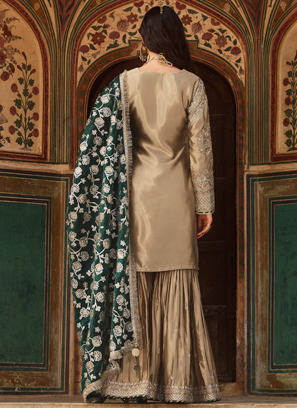 Gold and Green Embroidered Satin Gharara