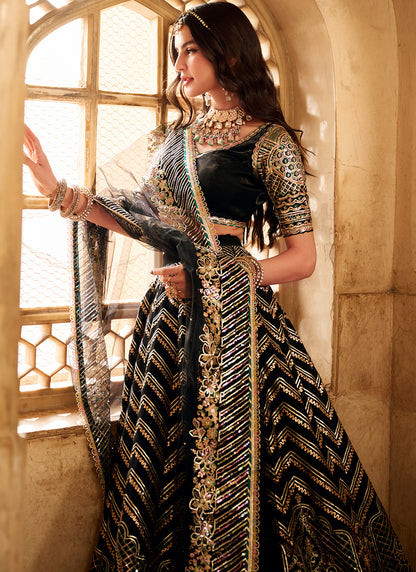 Black Embroidered Satin Organza Lehenga