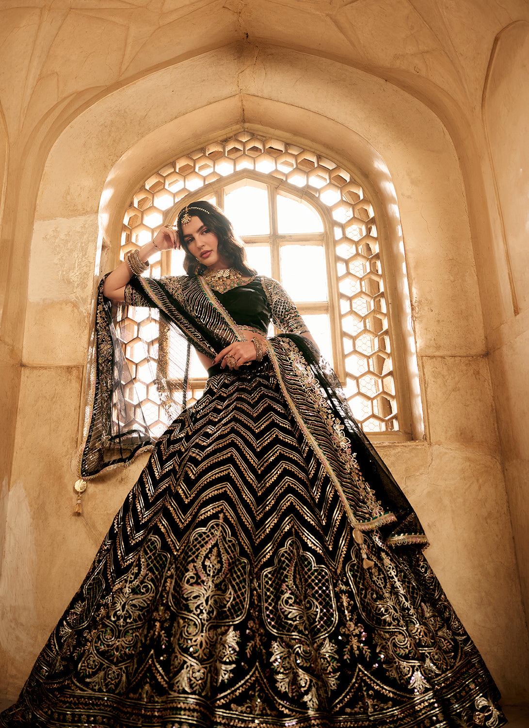 Black Embroidered Satin Organza Lehenga