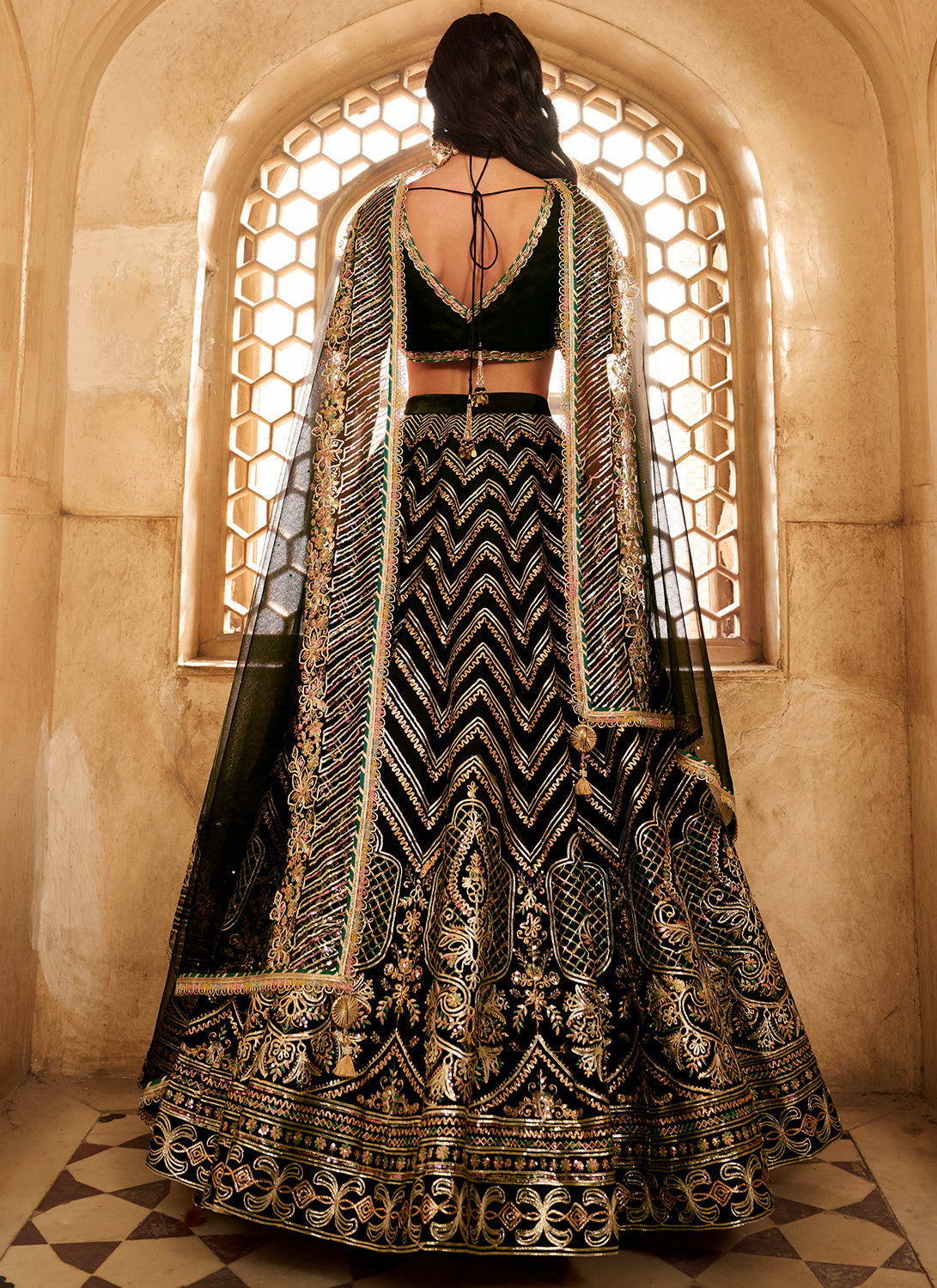 Black Embroidered Satin Organza Lehenga