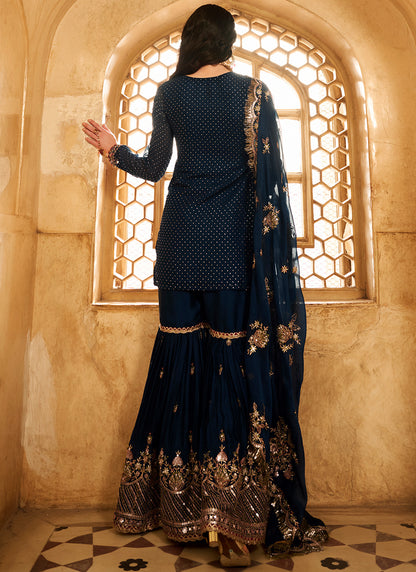 Dark Teal Embroidered Satin Gharara