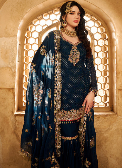 Dark Teal Embroidered Satin Gharara