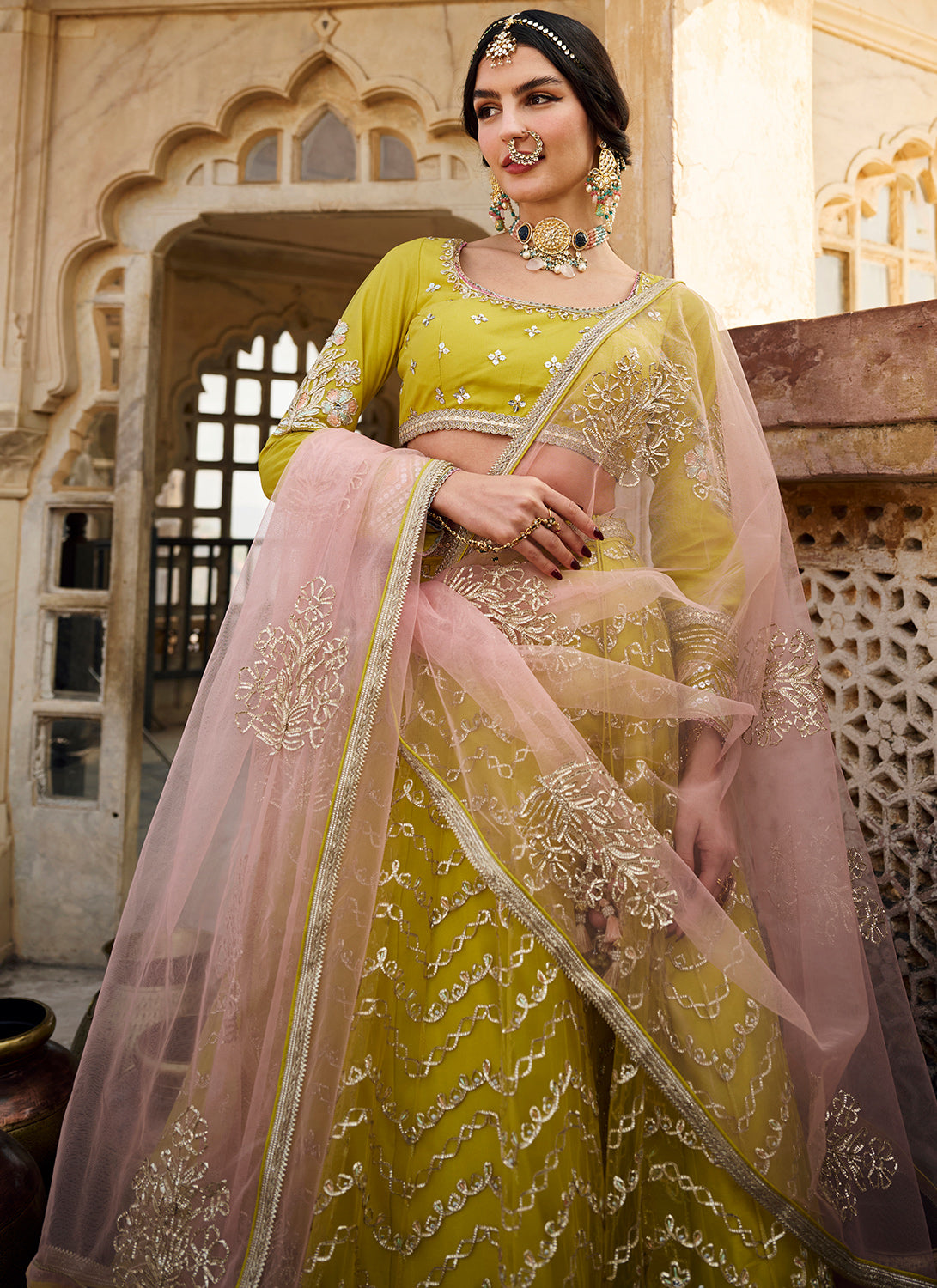 Yellow Embroidered Net Lehenga