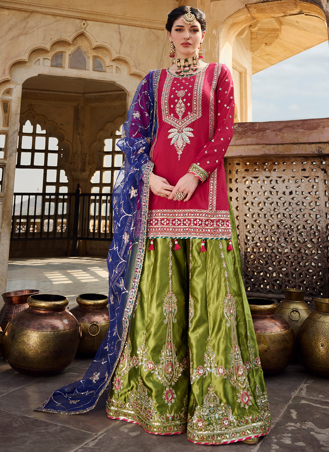 Hot Pink Multicolor Embroidered Sharara Suit