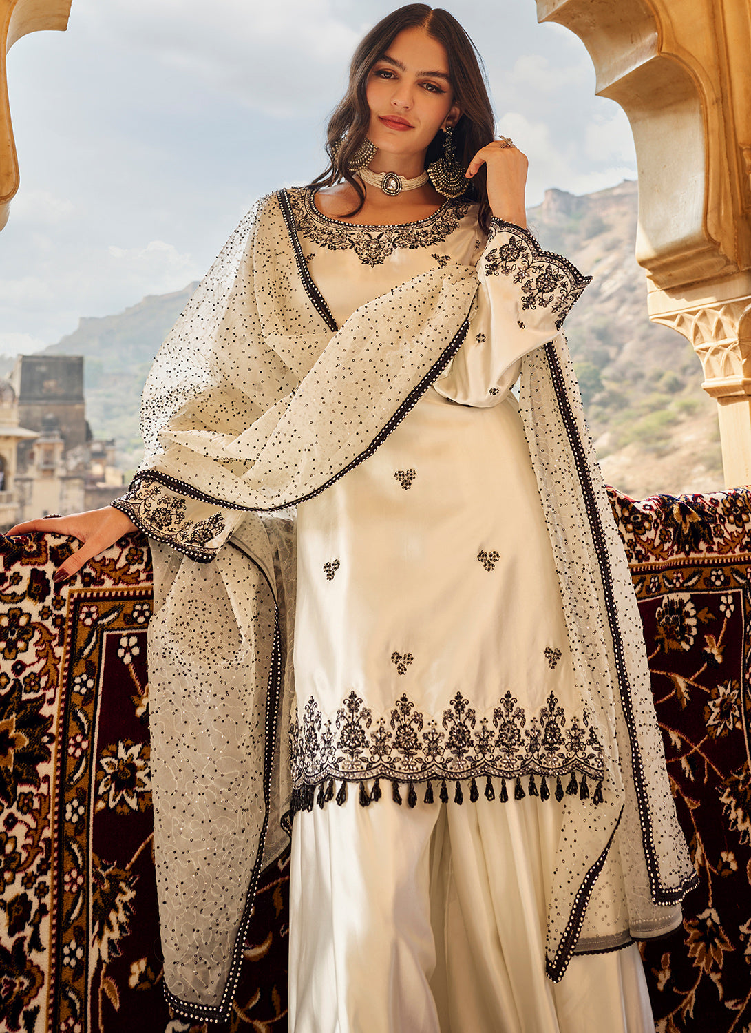 White and Black Embroidered Satin Sharara