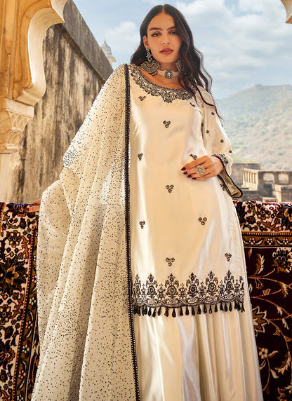 White and Black Embroidered Satin Sharara