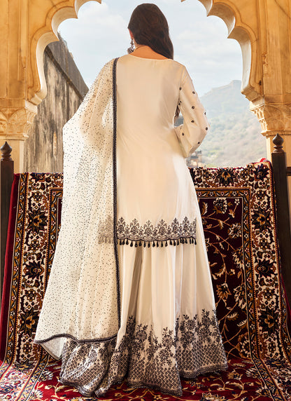 White and Black Embroidered Satin Sharara