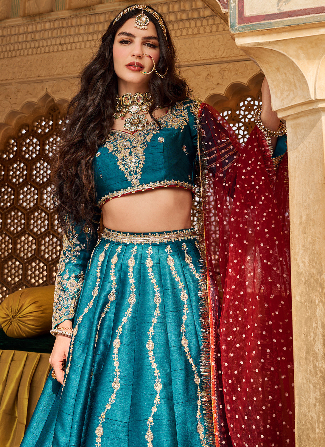 Teal Multicolor Embroidered Silk Lehenga