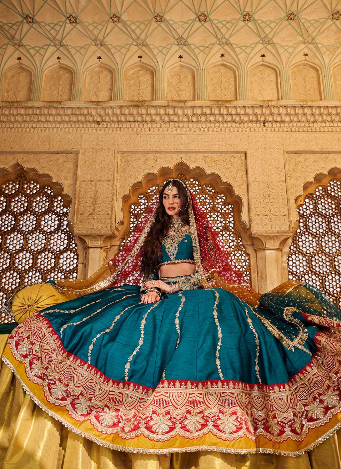 Teal Multicolor Embroidered Silk Lehenga