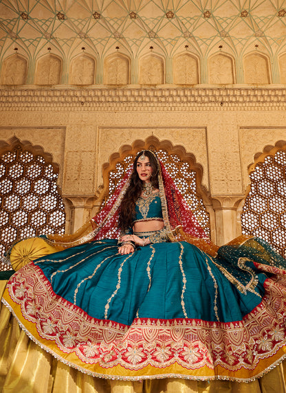 Teal Multicolor Embroidered Silk Lehenga