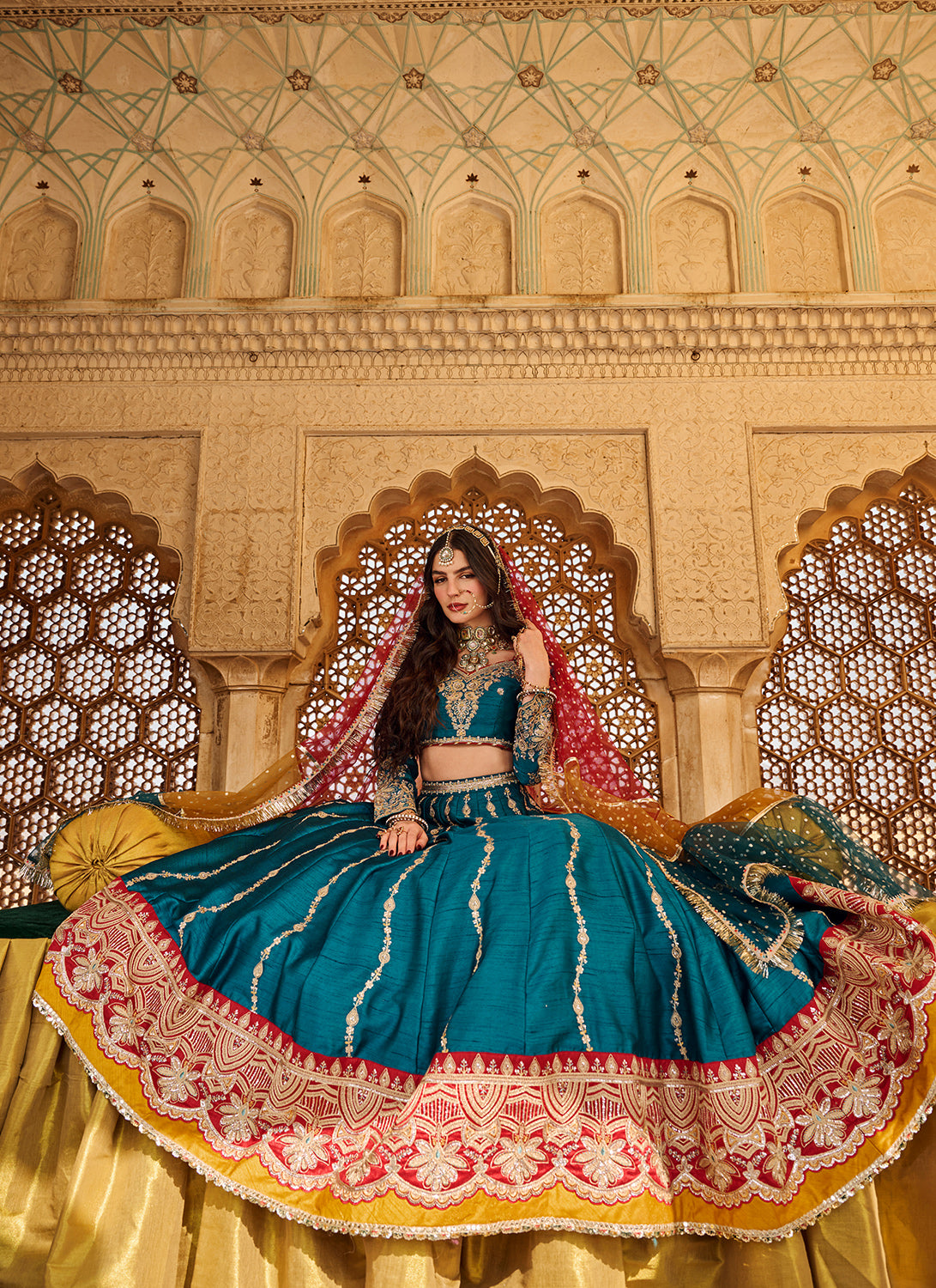 Teal Multicolor Embroidered Silk Lehenga