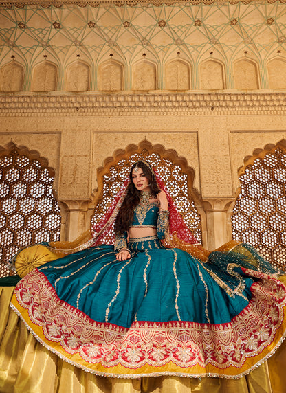 Teal Multicolor Embroidered Silk Lehenga