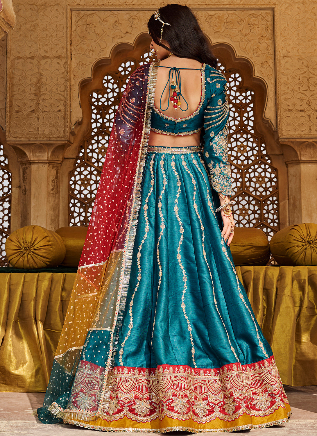 Teal Multicolor Embroidered Silk Lehenga