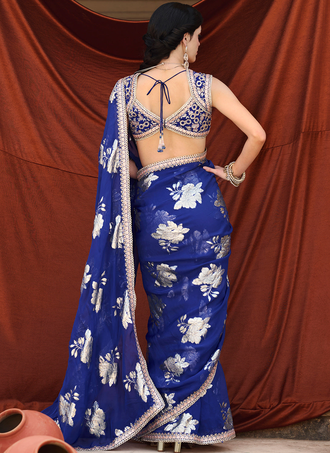 Royal Blue Embroidered Brocade Saree