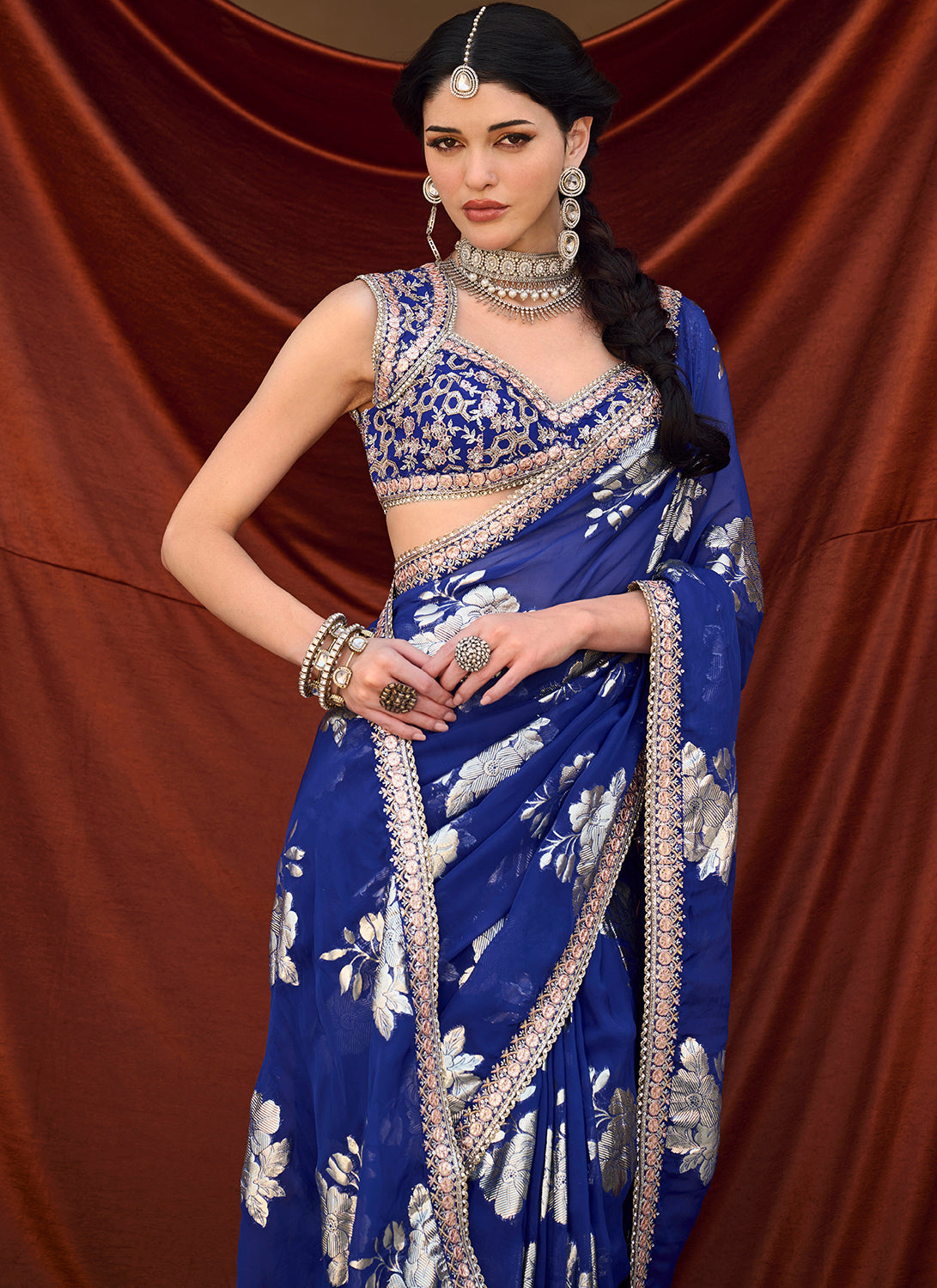 Royal Blue Embroidered Brocade Saree