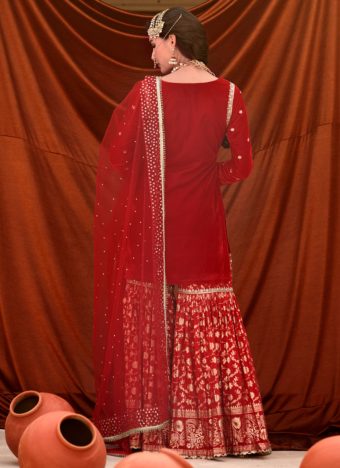 Red Embroidered Velvet Gharara Suit