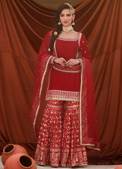 Red Embroidered Velvet Gharara Suit