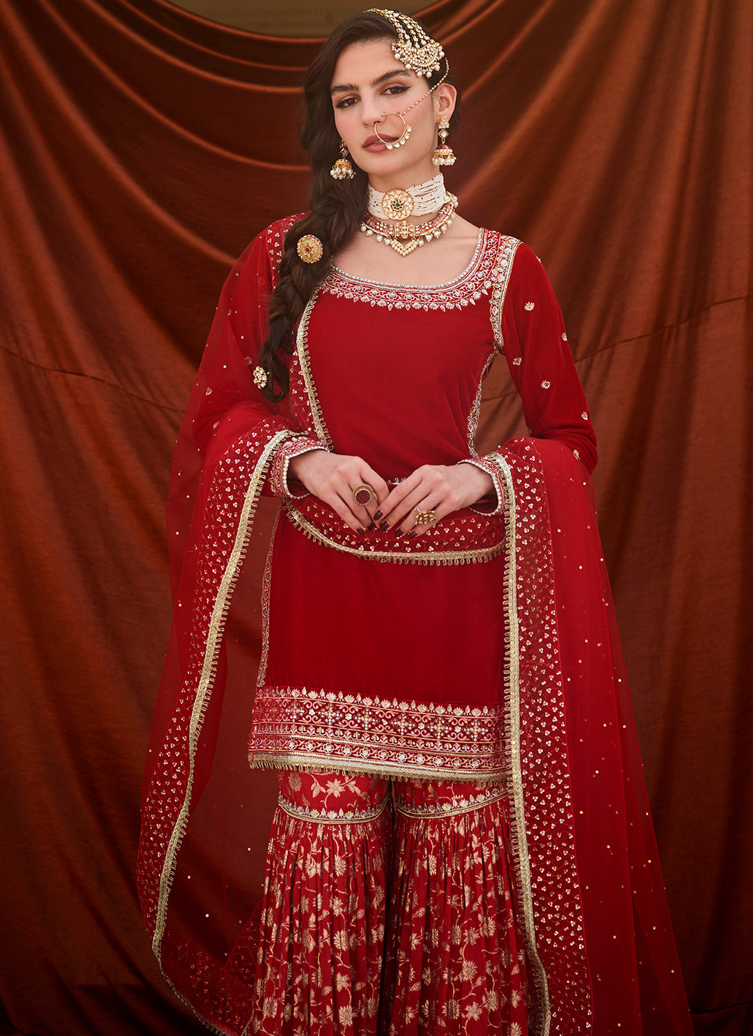 Red Embroidered Velvet Gharara Suit