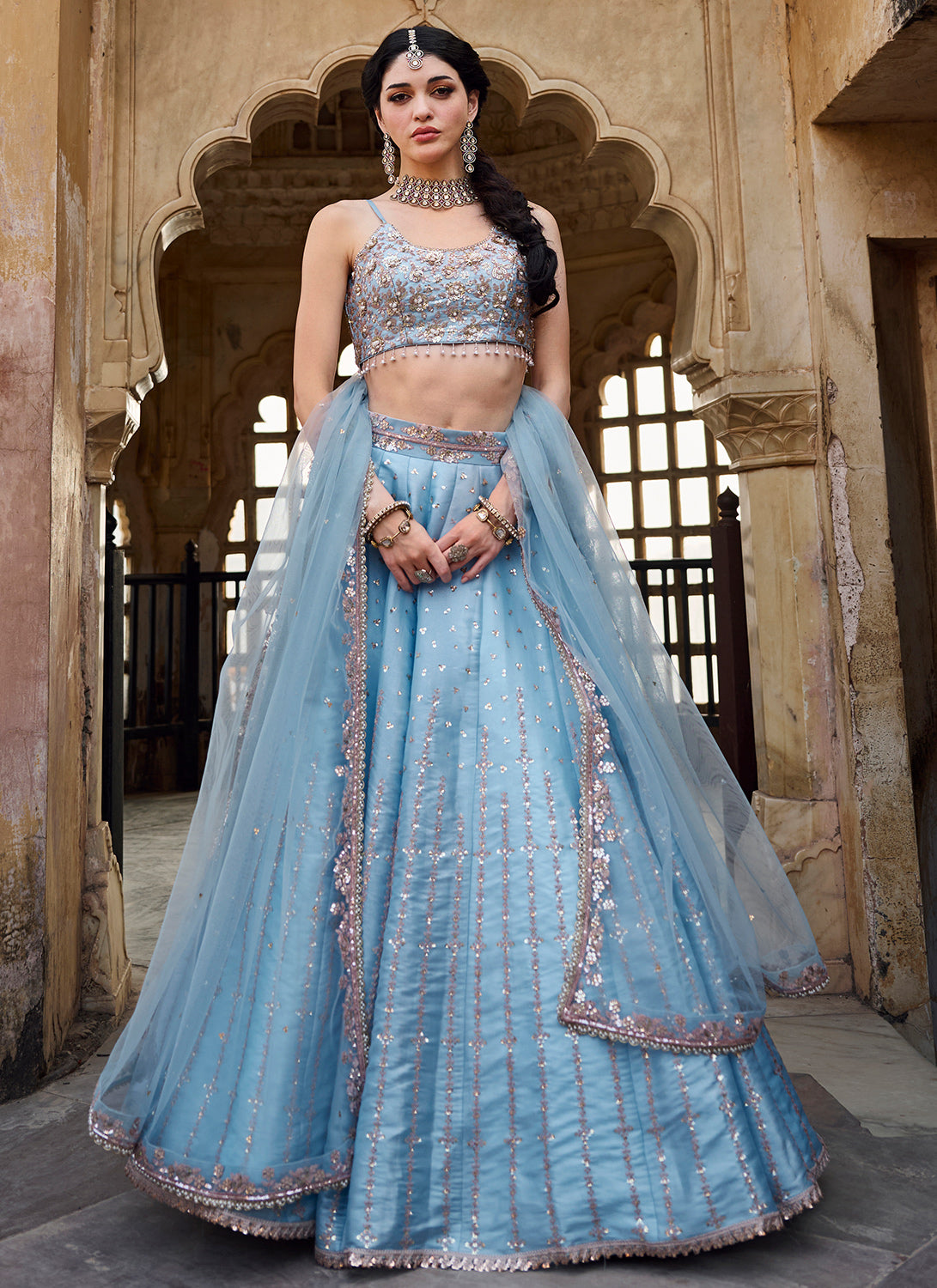 Sky Blue Embroidered Organza Lehenga