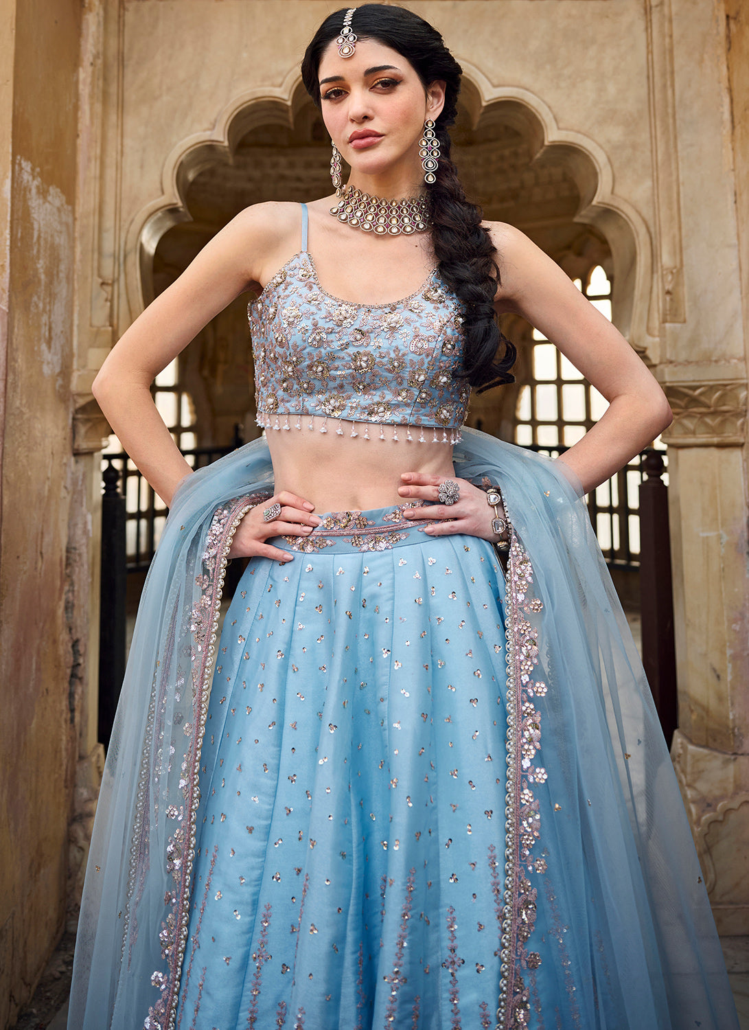 Sky Blue Embroidered Organza Lehenga