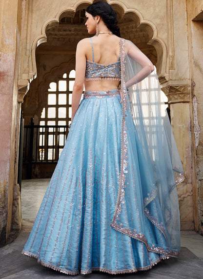 Sky Blue Embroidered Organza Lehenga