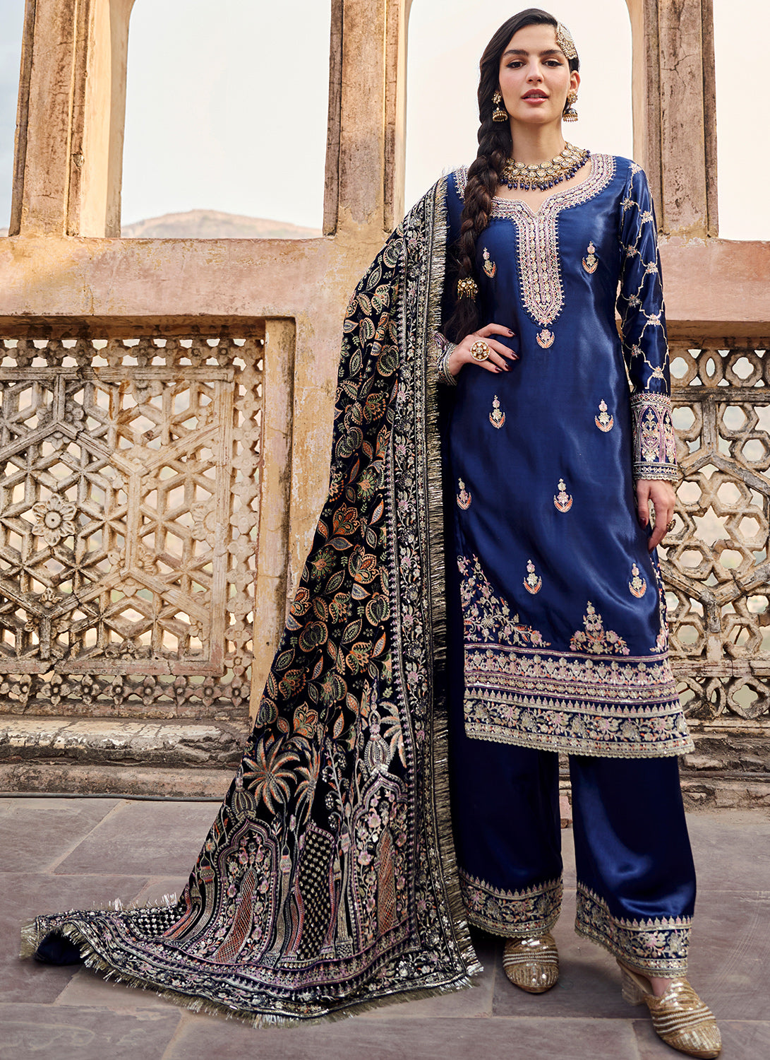 Blue Embroidered Satin Palazzo Suit