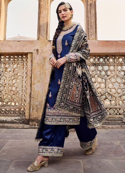 Blue Embroidered Satin Palazzo Suit