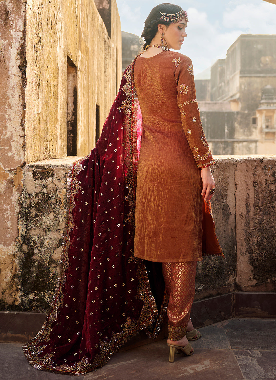 Rust Embroidered Silk Straight Suit