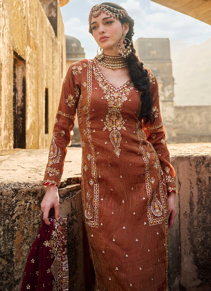 Rust Embroidered Silk Straight Suit