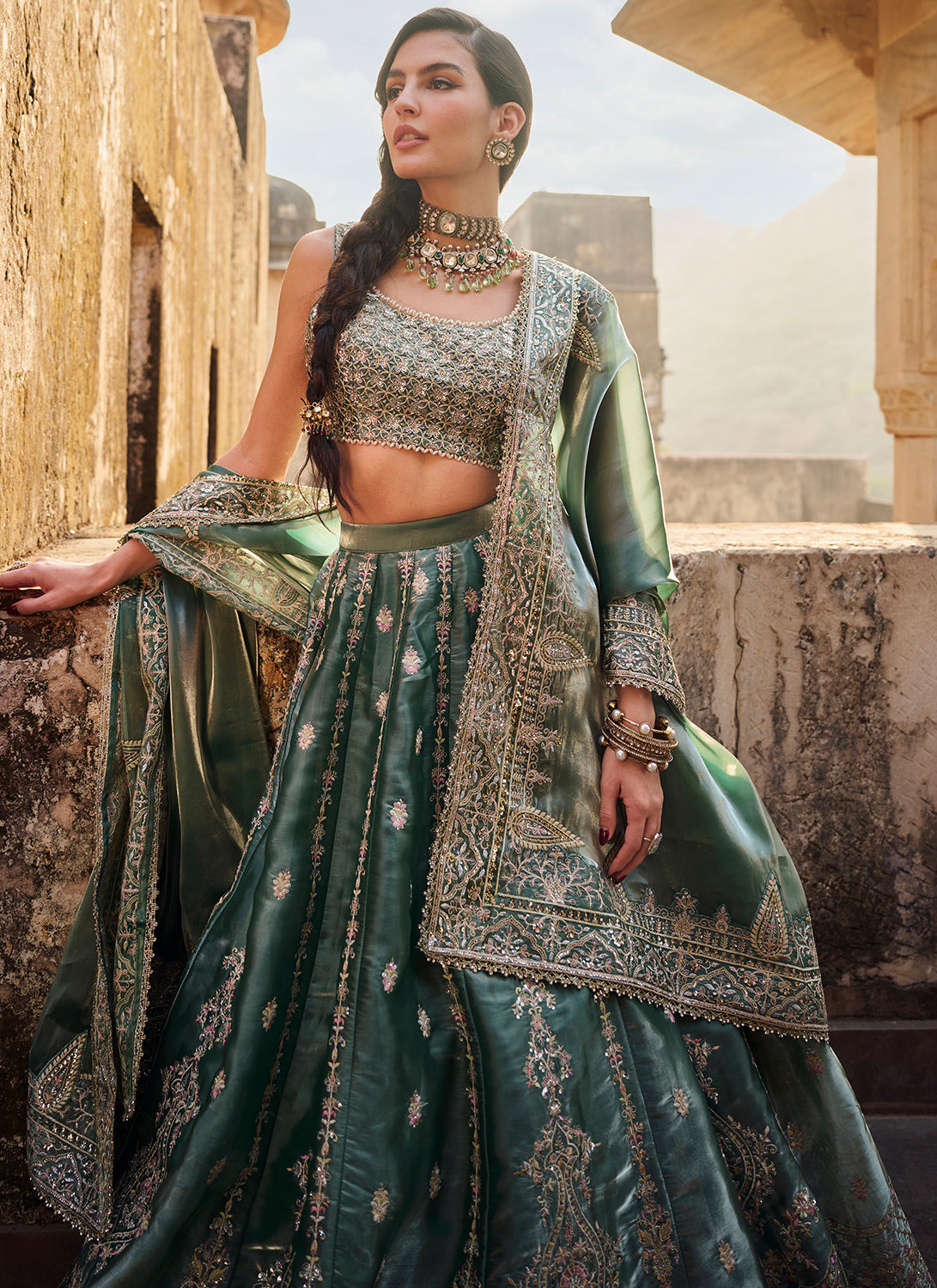 Dusty Teal Embroidered Organza Lehenga