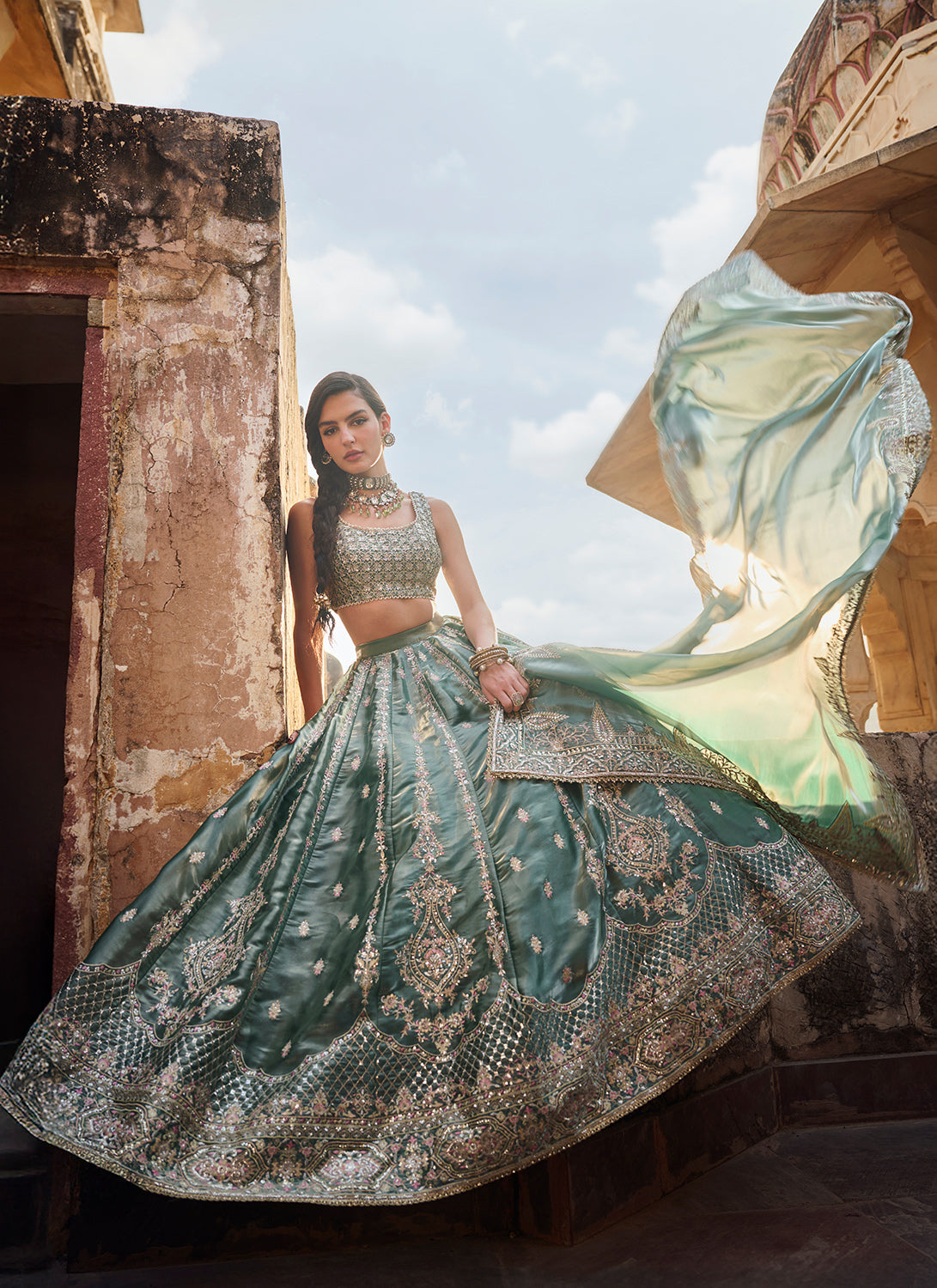 Dusty Teal Embroidered Organza Lehenga