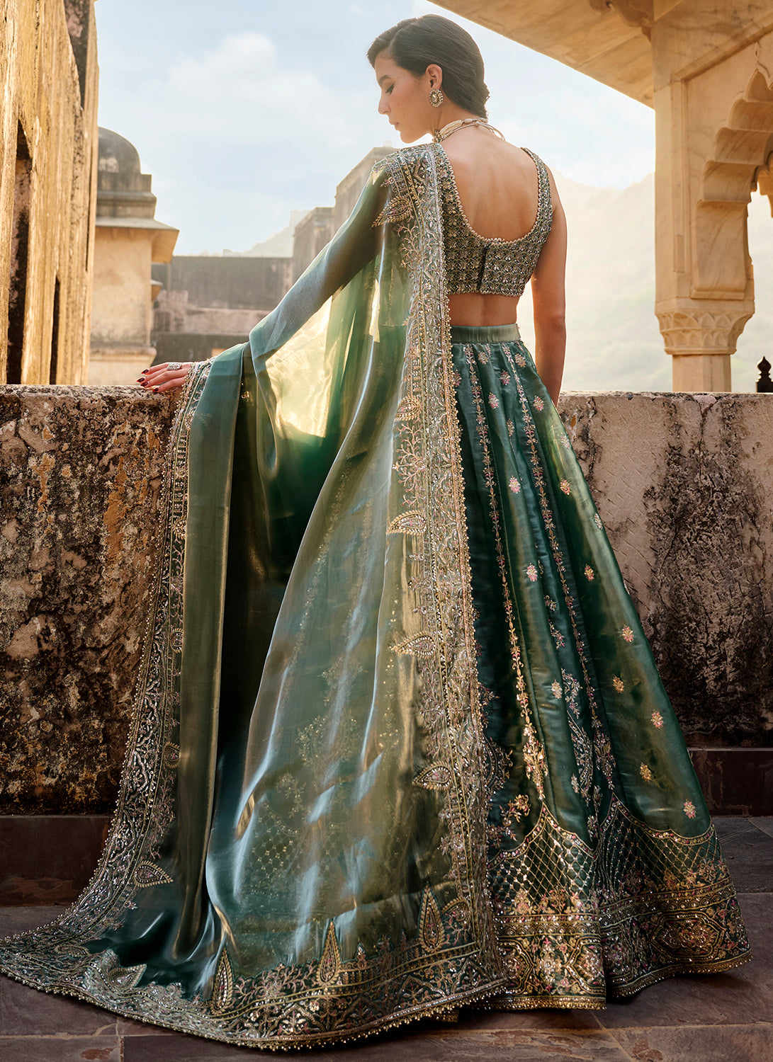 Dusty Teal Embroidered Organza Lehenga