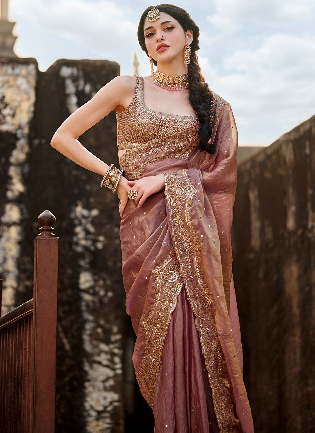 Dusty Rose Embroidered Tissue Silk Saree