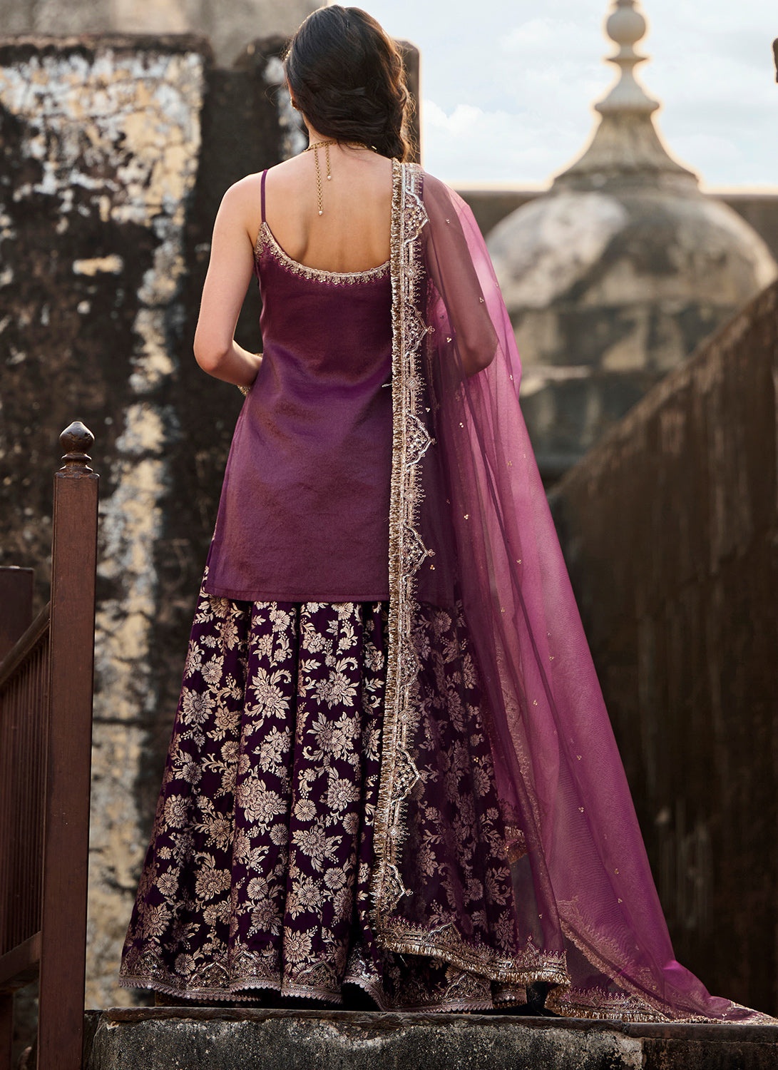 Wine Embroidered Brocade Sharara Suit