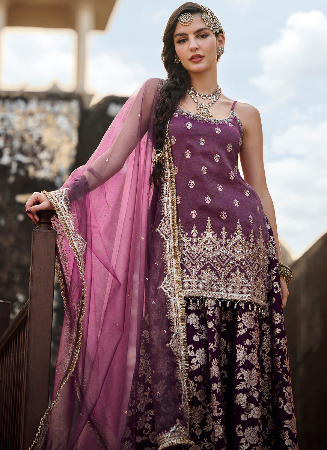 Wine Embroidered Brocade Sharara Suit