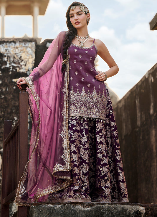 Wine Embroidered Brocade Sharara Suit