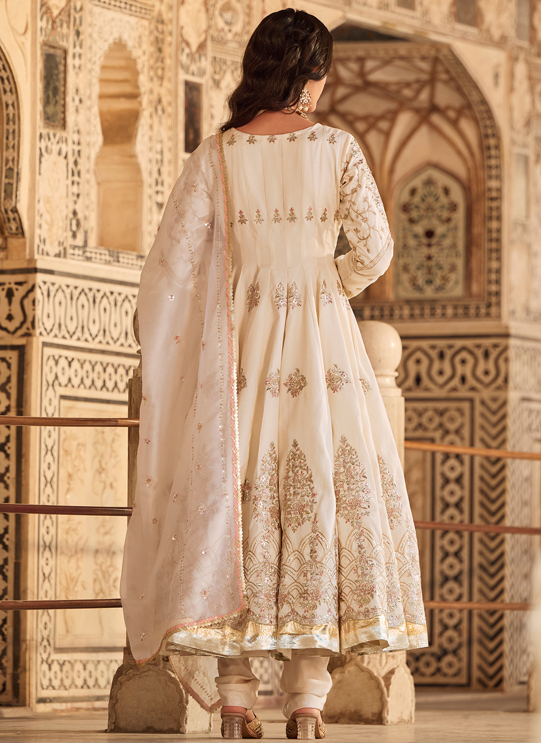 Ivory Embroidered Silk Anarkali