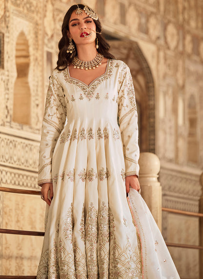 Ivory Embroidered Silk Anarkali