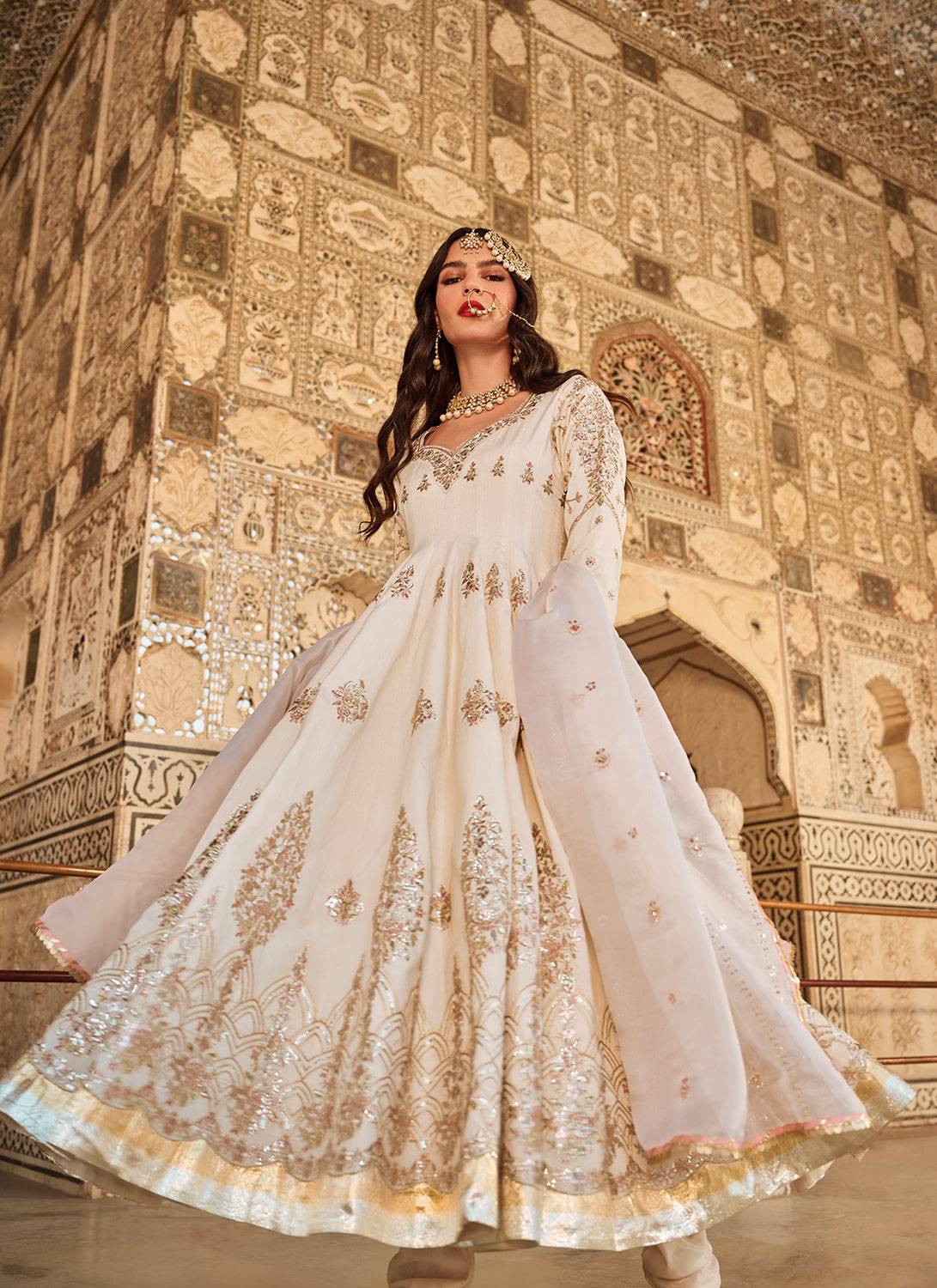 Ivory Embroidered Silk Anarkali