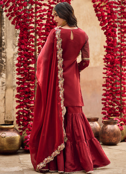 Maroon Embroidered Silk Gharara Suit