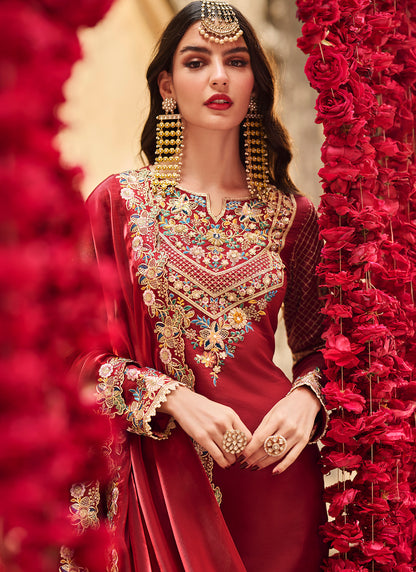 Maroon Embroidered Silk Gharara Suit