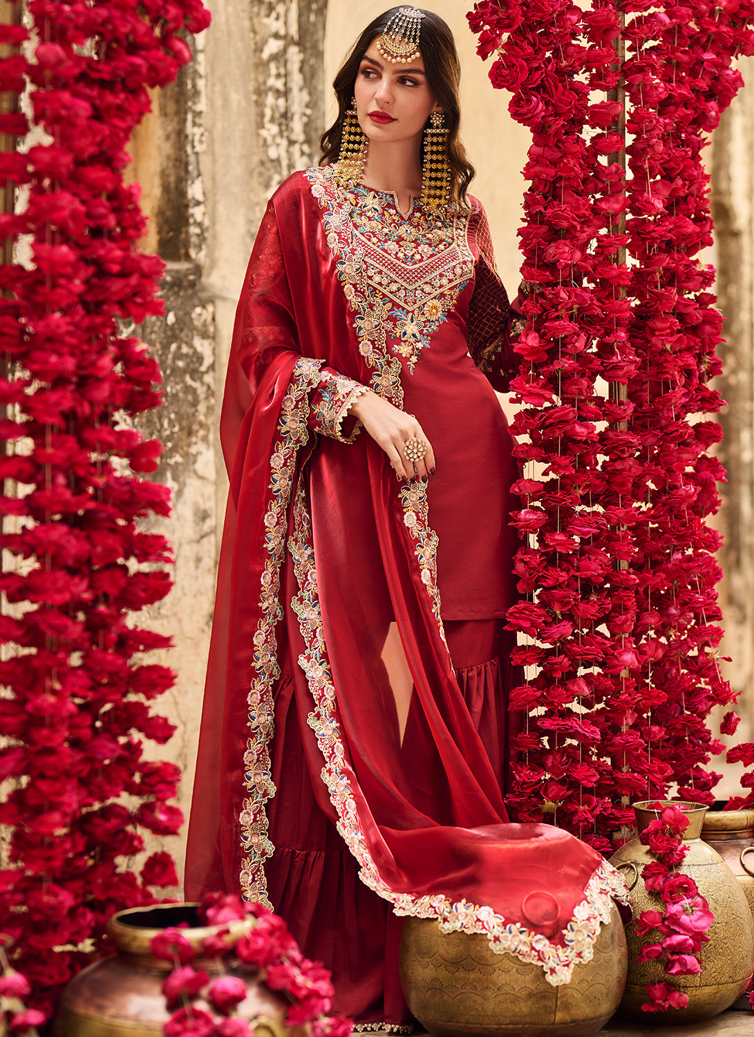 Maroon Embroidered Silk Gharara Suit