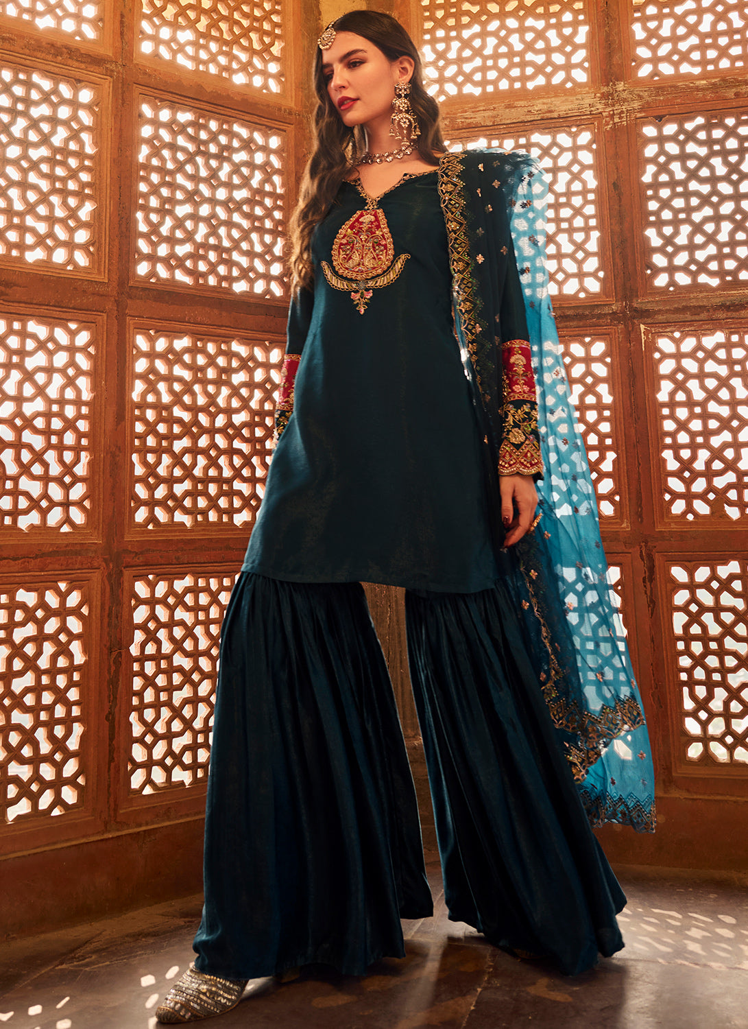 Blue Embroidered Satin Gharara Suit