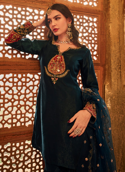 Blue Embroidered Satin Gharara Suit