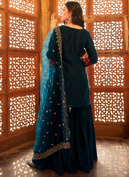 Blue Embroidered Satin Gharara Suit