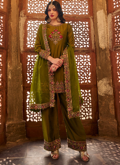 Green Embroidered Silk Pant Suit