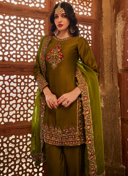 Green Embroidered Silk Pant Suit